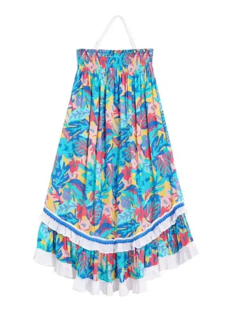 Robe/Jupe Longue de Plage Fille  Fleurs Hawaï Bleu Rose  IBIZA - La Faute à Voltaire Bleu turquoise - Kiabi