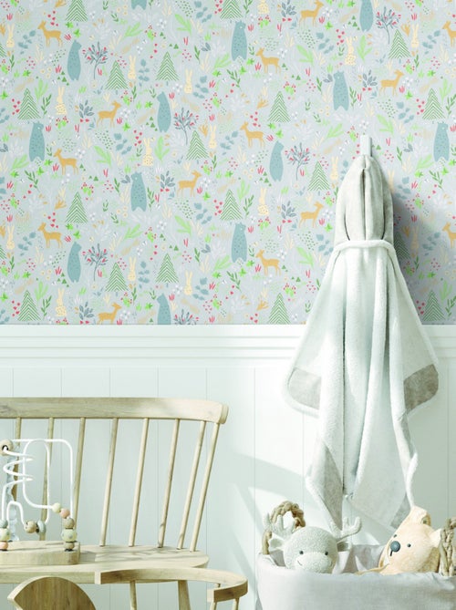 Rouleau de papier peint auto-adhésif - Fôret de Printemps - Ours, Biches et Lapins - Kiabi