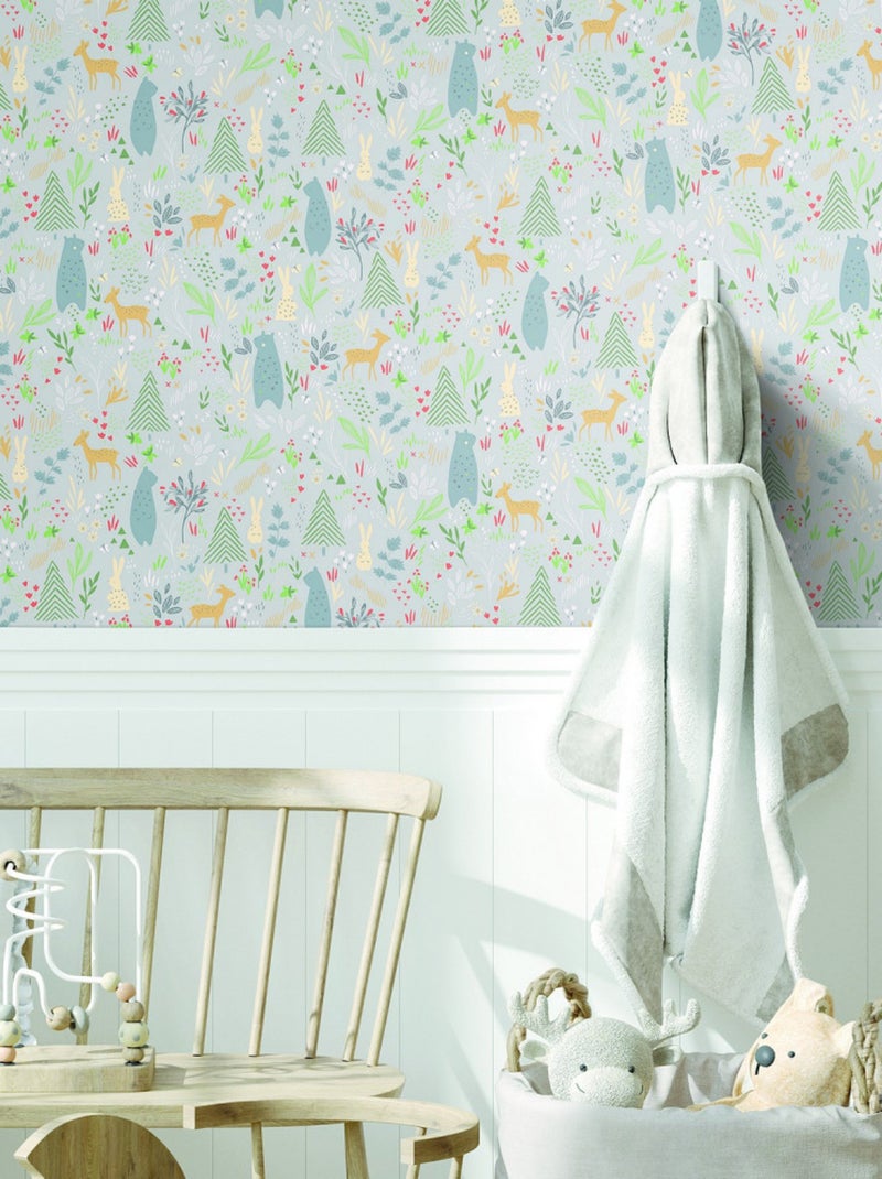 Rouleau de papier peint auto-adhésif - Fôret de Printemps - Ours, Biches et Lapins Gris - Kiabi