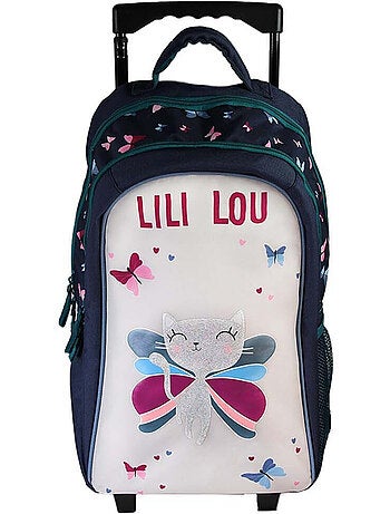 Sac à dos à roulettes fille Lili Lou beige et bleu 2 compartiments