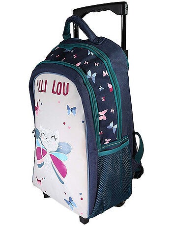 Sac à dos à roulettes fille Lili Lou beige et bleu 2 compartiments