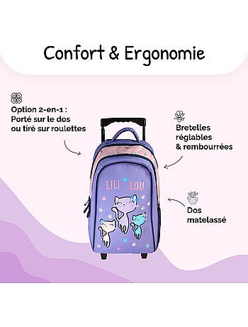 Sac à dos à roulettes fille Lili Lou violet et rose 2 compartiments