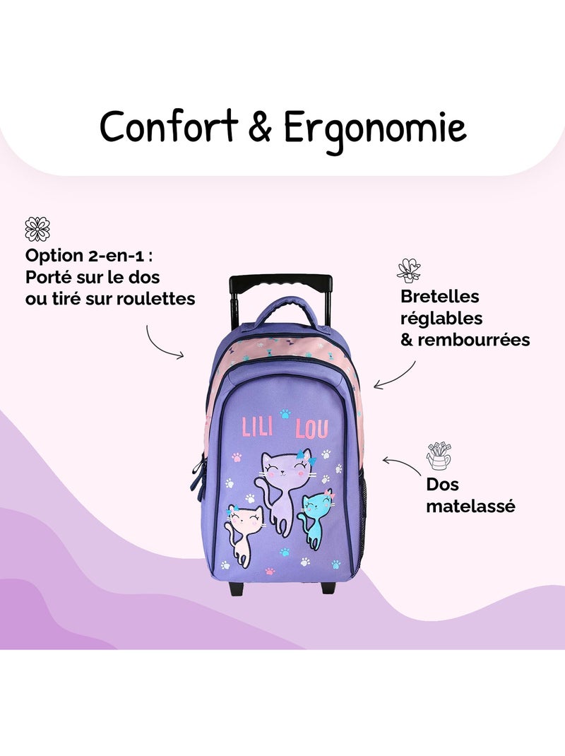 Sac à dos à roulettes fille Lili Lou violet et rose 2 compartiments Multicolore - Kiabi