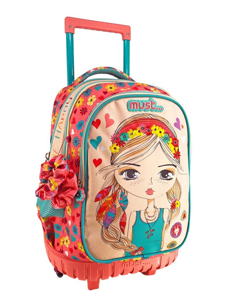Sac à dos à roulettes Girl Flower Must Be Happy 45 CM Trolley Orange - Kiabi