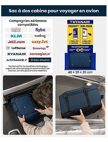 Sac à dos cabine 40x20x25 cm 20 l sous-siège ryanair - kono