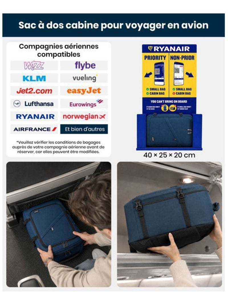 Sac à dos cabine 40x20x25 cm 20 l sous-siège ryanair - kono Bleu - Kiabi