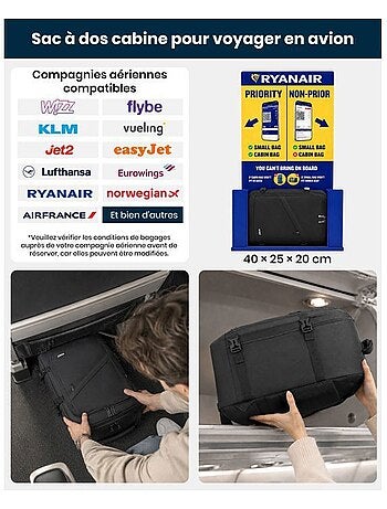 Sac à dos cabine 40x20x25 cm 20 l sous-siège ryanair - kono
