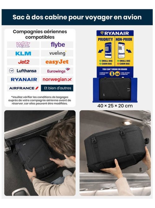 Sac à dos cabine 40x20x25 cm 20 l sous-siège ryanair - kono - Kiabi
