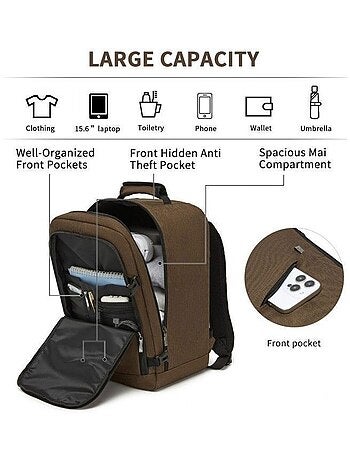 Sac à dos cabine 40x20x30 cm 24 l multi-compartiments - kono