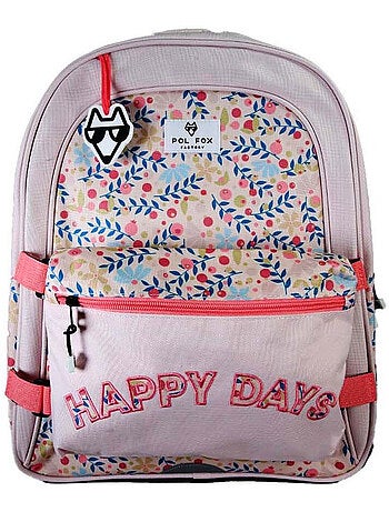 Sac à dos fille POL FOX HAPPY BLUSH réversible 2 compartiments rose motif fleur