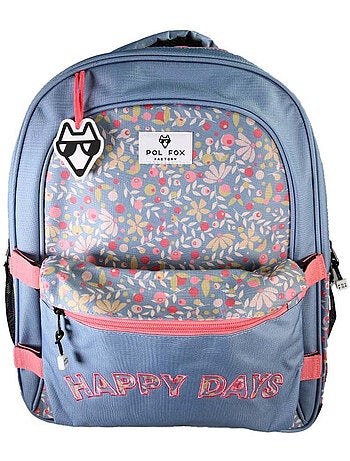 Sac à dos fille POL FOX HAPPY JEAN réversible 2 compartiments bleu marine motif fleur