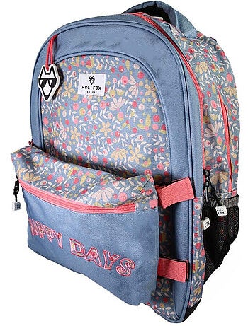 Sac à dos fille POL FOX HAPPY JEAN réversible 2 compartiments bleu marine motif fleur