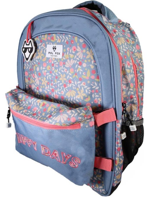 Sac à dos fille POL FOX HAPPY JEAN réversible 2 compartiments bleu marine motif fleur - Kiabi Sac à dos fille POL FOX HAPPY JEAN réversible 2 compartiments bleu marine motif fleur - Kiabi