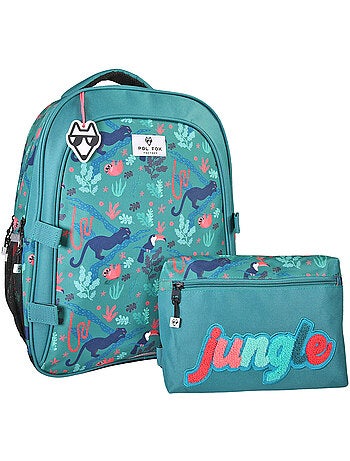 Sac à dos fille POL FOX JUNGLE réversible 2 compartiments vert tropical animaux