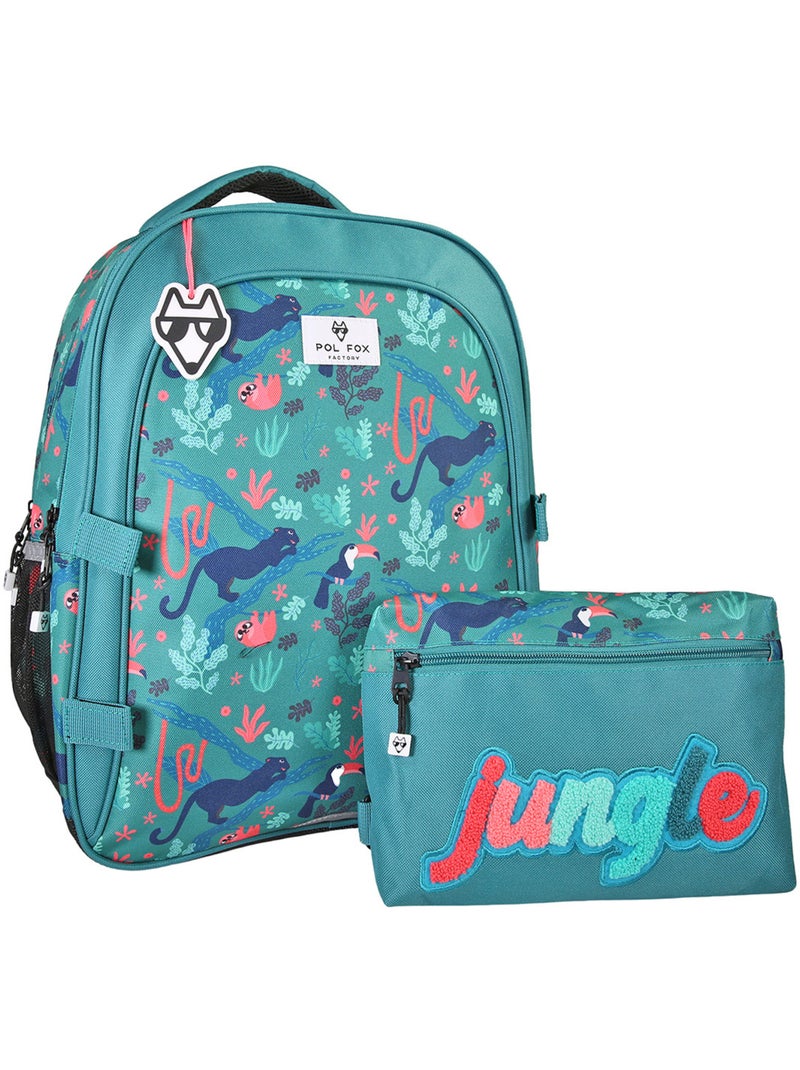Sac à dos fille POL FOX JUNGLE réversible 2 compartiments vert tropical animaux Bleu marine - Kiabi