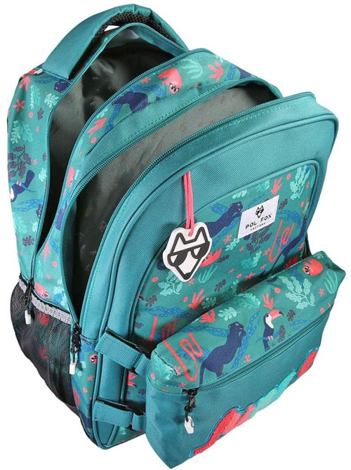 Sac à dos fille POL FOX JUNGLE réversible 2 compartiments vert tropical animaux - Kiabi