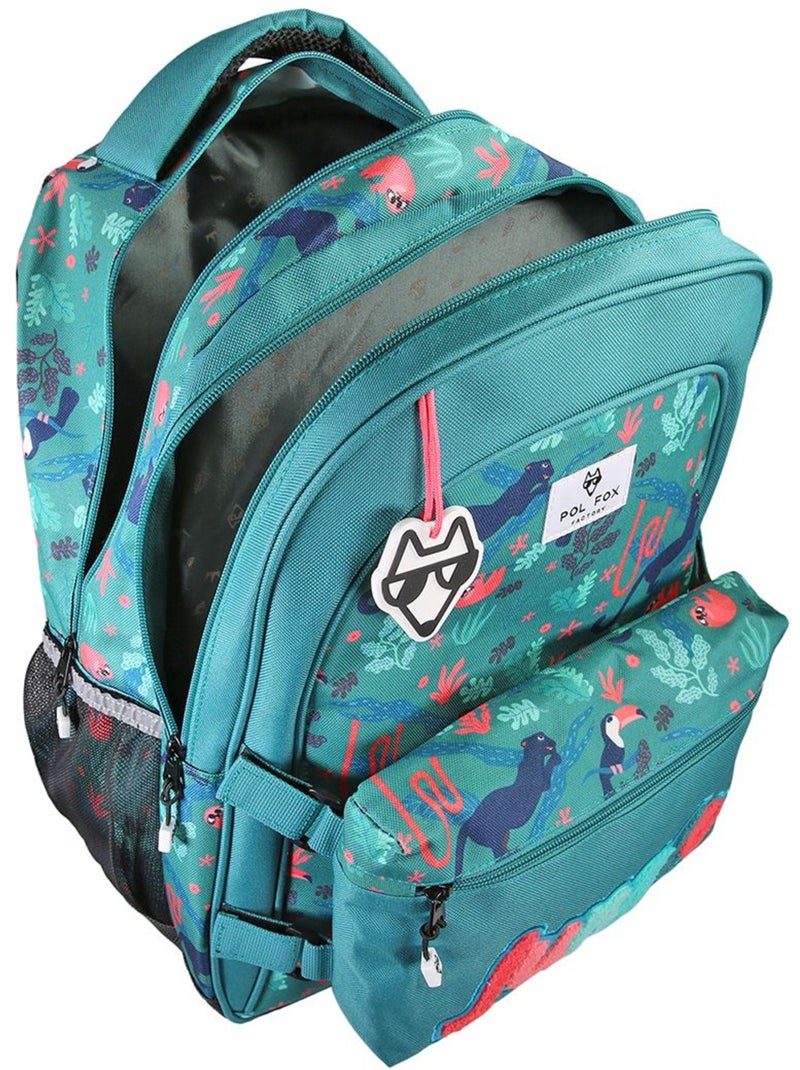 Sac à dos fille POL FOX JUNGLE réversible 2 compartiments vert tropical animaux Bleu marine - Kiabi