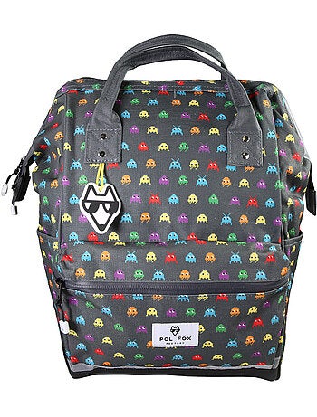 Sac à dos futé garçon 1 compartiment POL FOX Space Invader gris motif extraterrestre gaming
