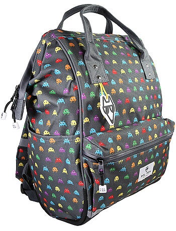 Sac à dos futé garçon 1 compartiment POL FOX Space Invader gris motif extraterrestre gaming
