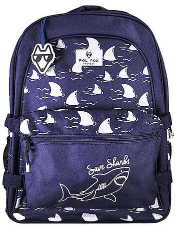 Sac à dos garçon POL FOX SHARK réversible 2 compartiments bleu marine motif requin