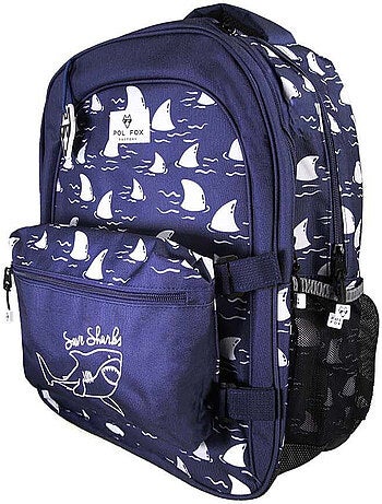Sac à dos garçon POL FOX SHARK réversible 2 compartiments bleu marine motif requin