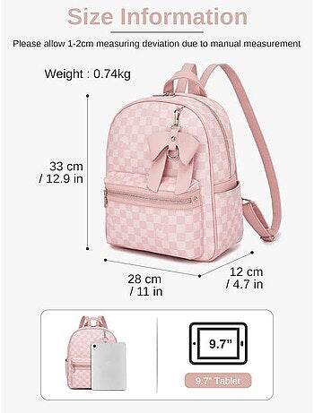 Sac à dos motif damier avec nœud résistant à l'eau 28x12x33 cm - miss lulu