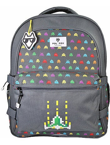 Sac à dos POL FOX SPACE INVADER garçon réversible 2 compartiments gris motif vaisseau