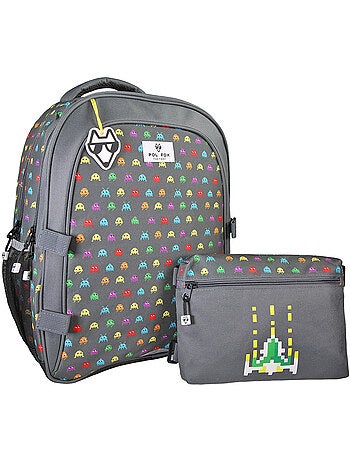 Sac à dos POL FOX SPACE INVADER garçon réversible 2 compartiments gris motif vaisseau