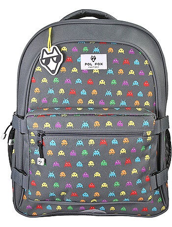Sac à dos POL FOX SPACE INVADER garçon réversible 2 compartiments gris motif vaisseau