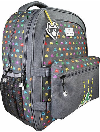 Sac à dos POL FOX SPACE INVADER garçon réversible 2 compartiments gris motif vaisseau
