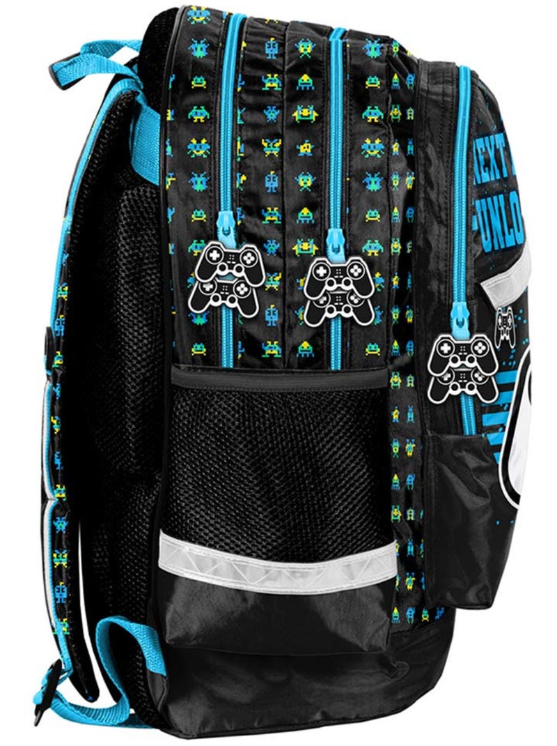 Sac à dos scolaire motif gaming matière synthétique brillante CMP Noir / Bleu / Vert - Kiabi