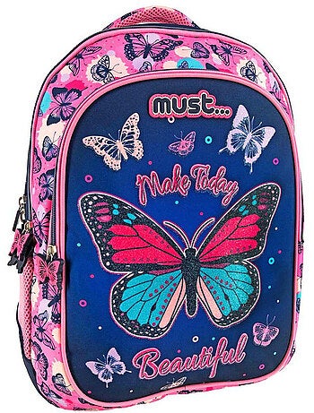 Sac à dos scolaire textile imprimé papillons pailleté CMP
