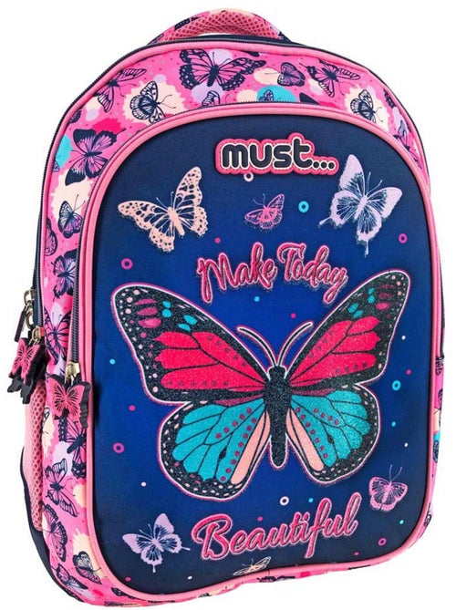 Sac à dos scolaire textile imprimé papillons pailleté CMP - Kiabi