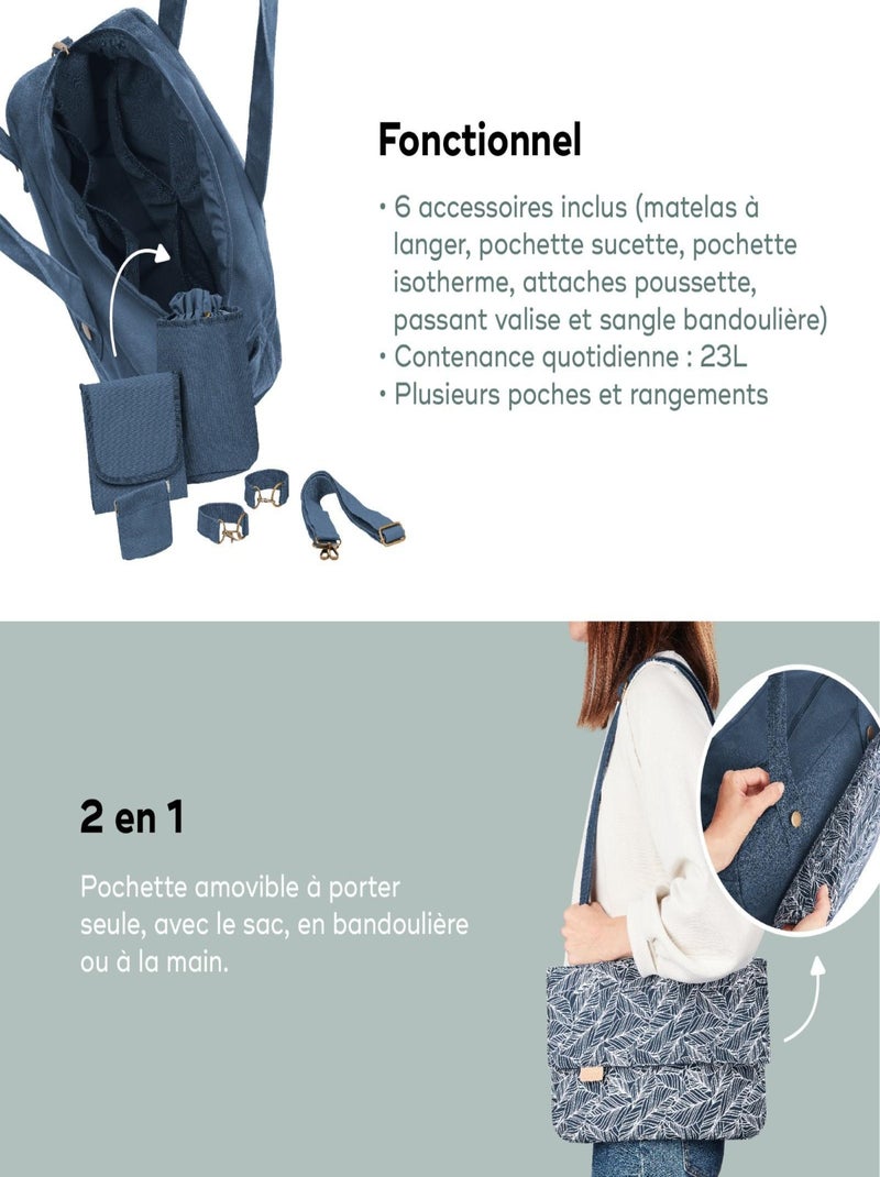 Sac à langer Day to Day pratique, 6 accessoires inclus, Palm 'Babymoov' Bleu foncé - Kiabi