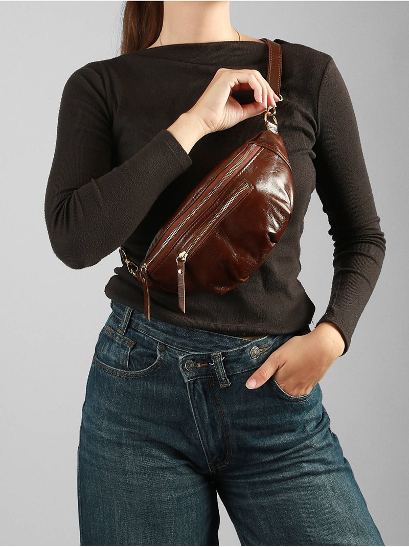 Sac banane cuir milano cuir de vachette Marron foncé - Kiabi
