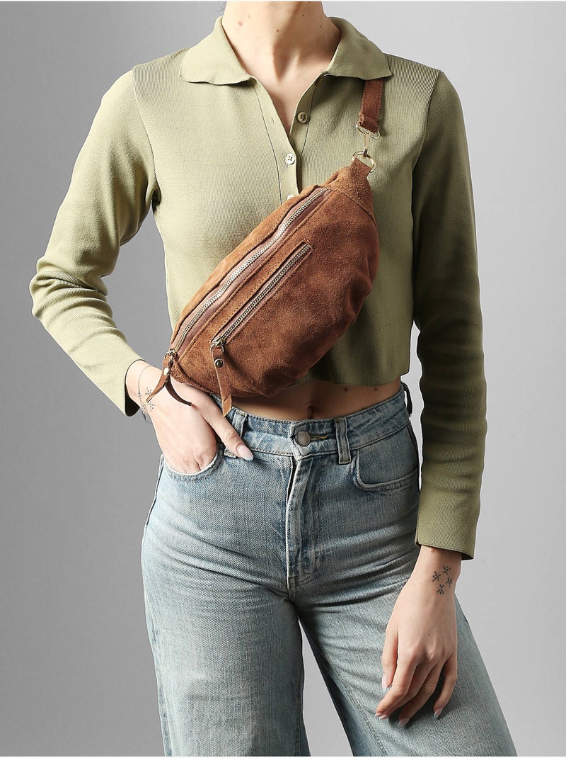 Sac banane cuir milano cuir de vachette Marron tabac - Kiabi