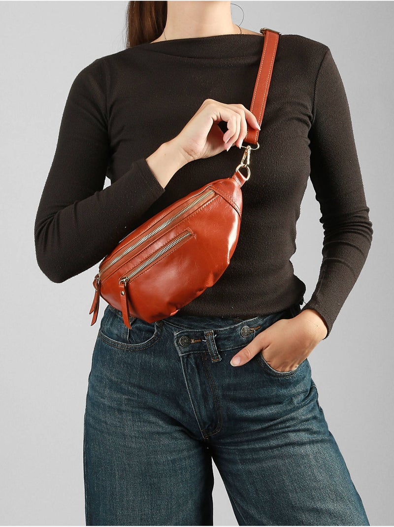 Sac banane cuir milano cuir de vachette Marron tabac - Kiabi