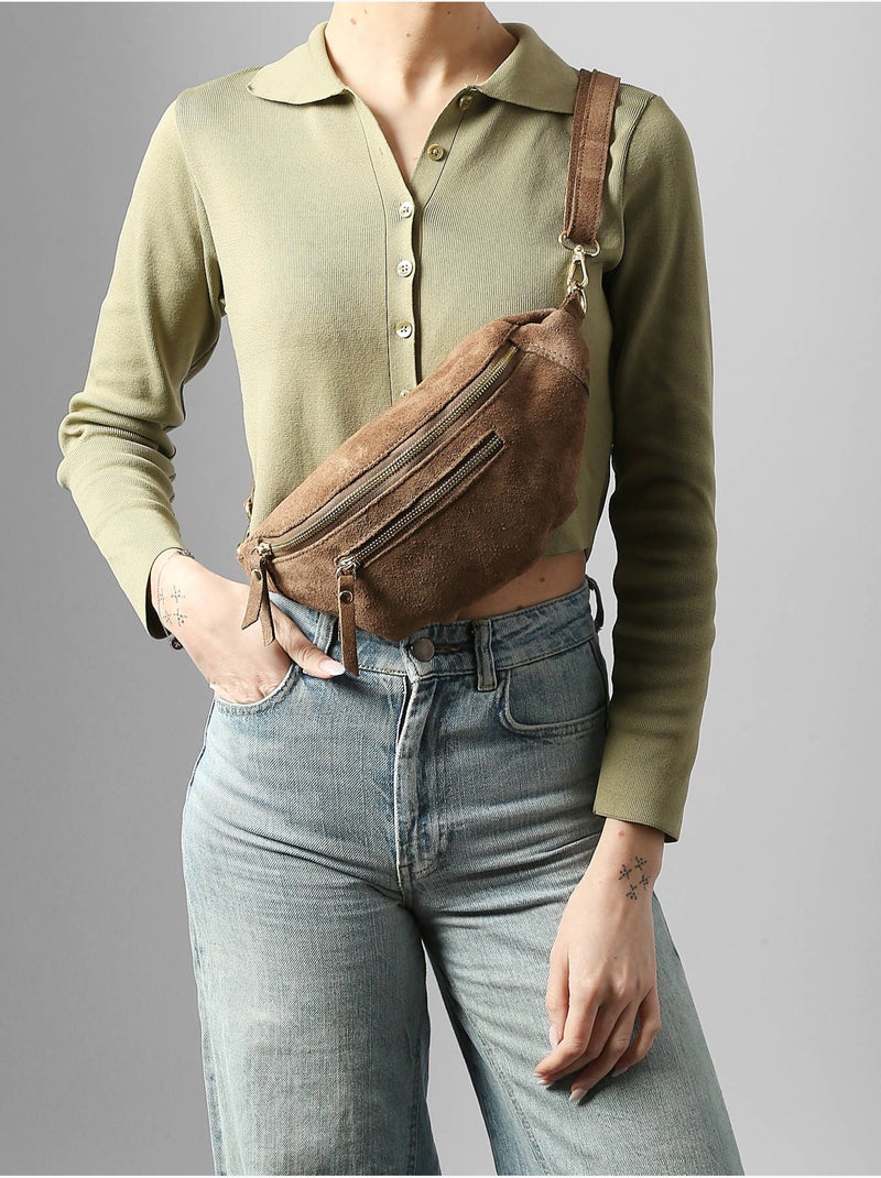 Sac banane cuir milano cuir de vachette Taupe - Kiabi