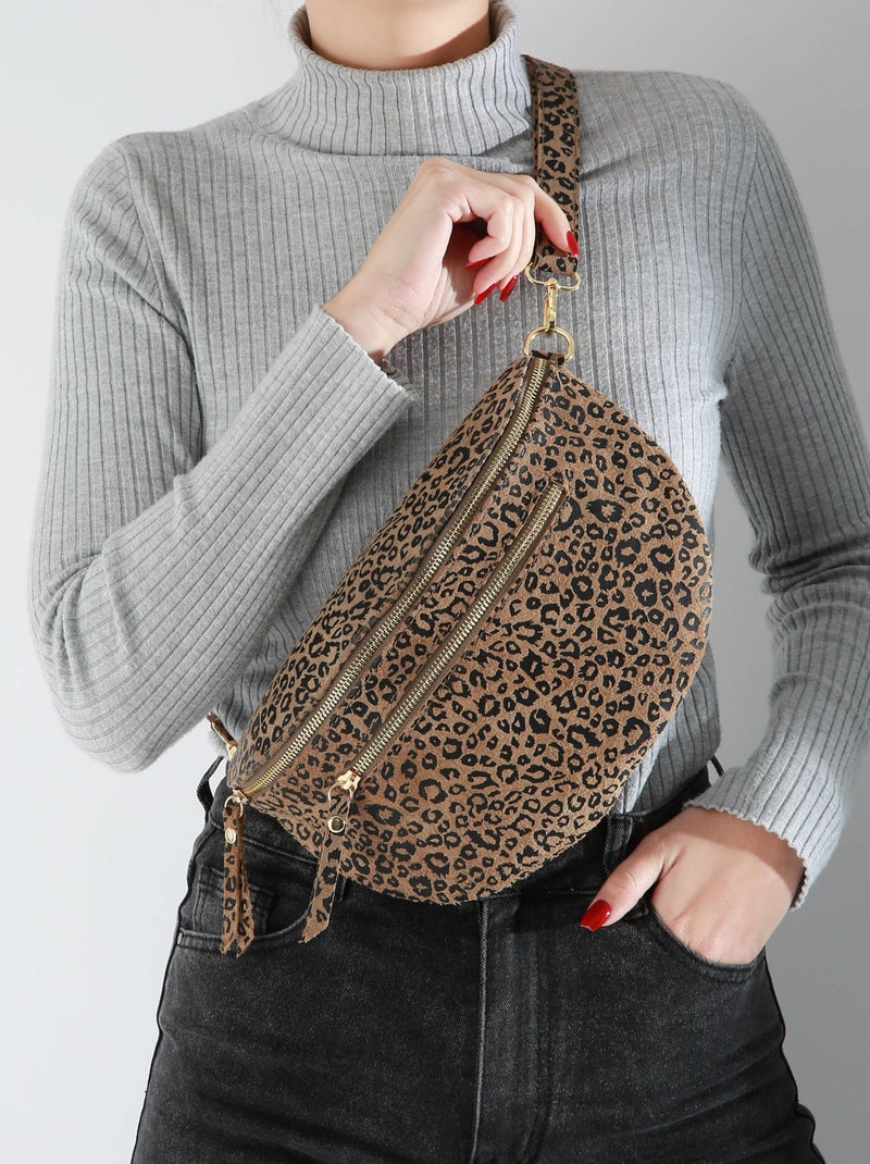Sac Banane Velvet Leopardo Cuir Milano Cuir De Vachette Taupe - Kiabi