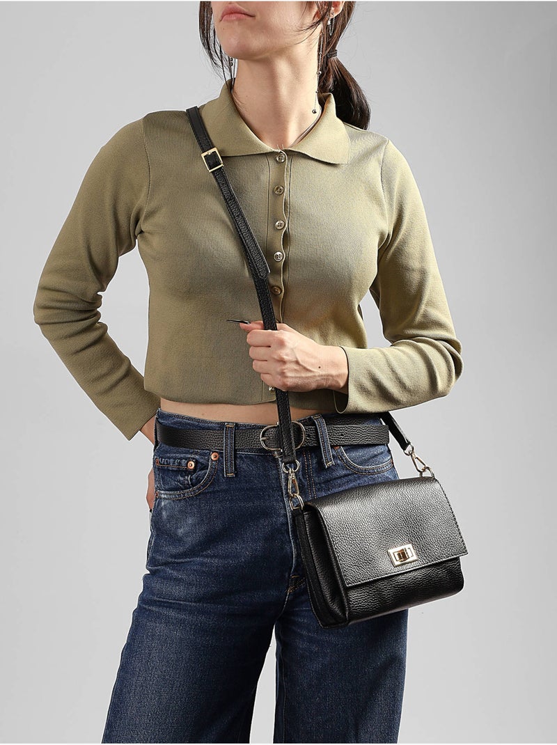 Sac bandoulière caviar cuir milano cuir de vachette Noir Noir - Kiabi