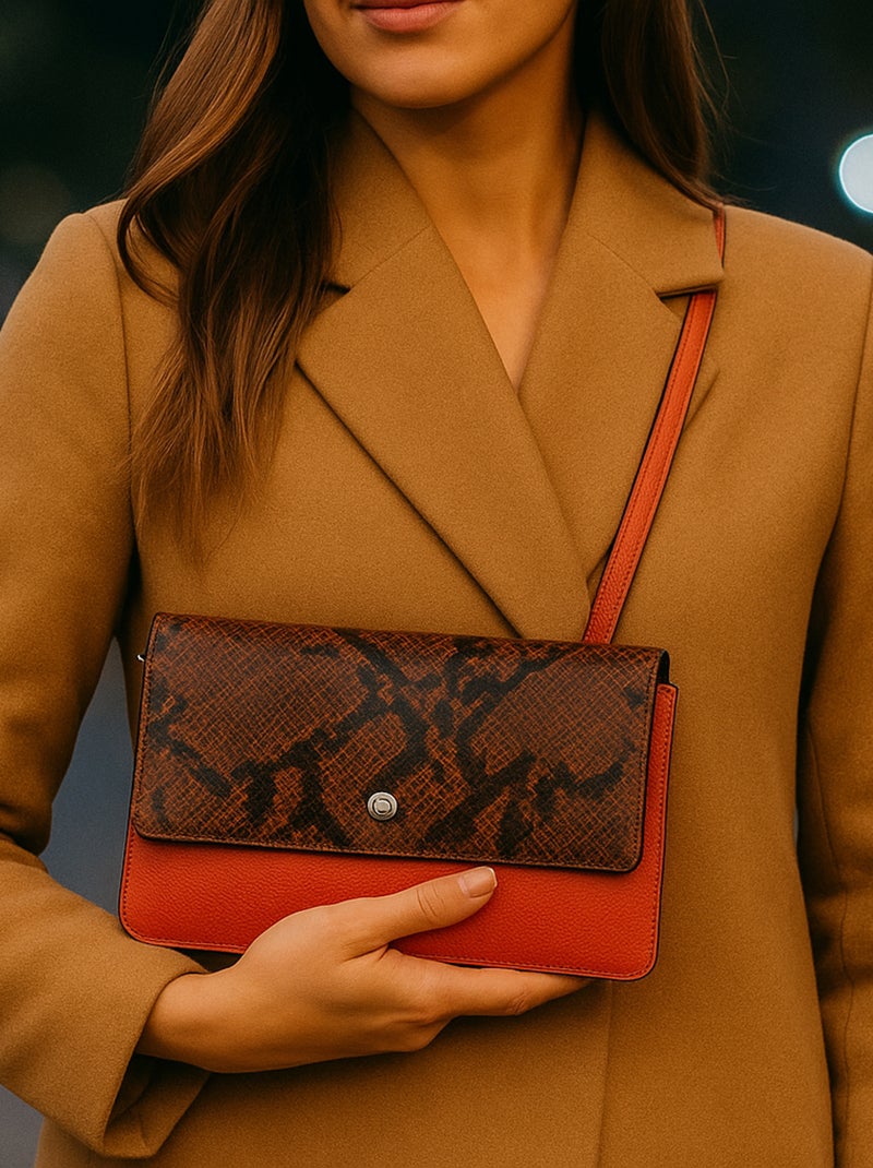 Sac bandoulière cuir python Orange - Kiabi