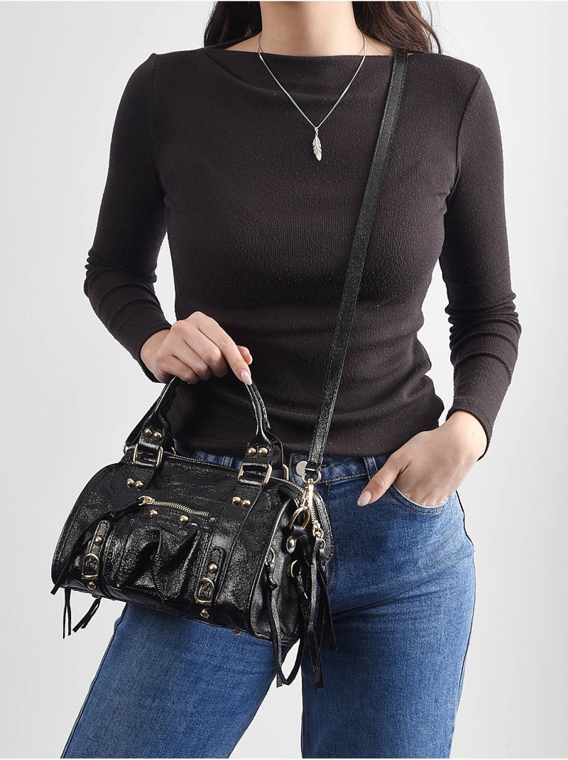 Sac bandoulière nine cuir milano cuir de vachette Noir Noir - Kiabi