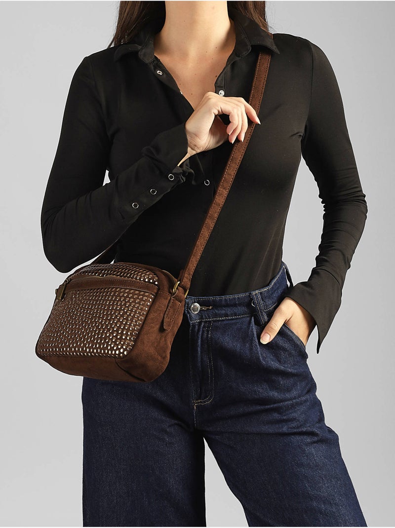 Sac bandoulière studs mandoline toile enduite Marron caramel - Kiabi