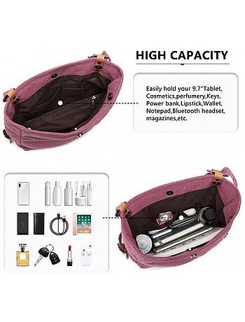Sac bandoulière toile grande capacité détails cuir zippé - kono