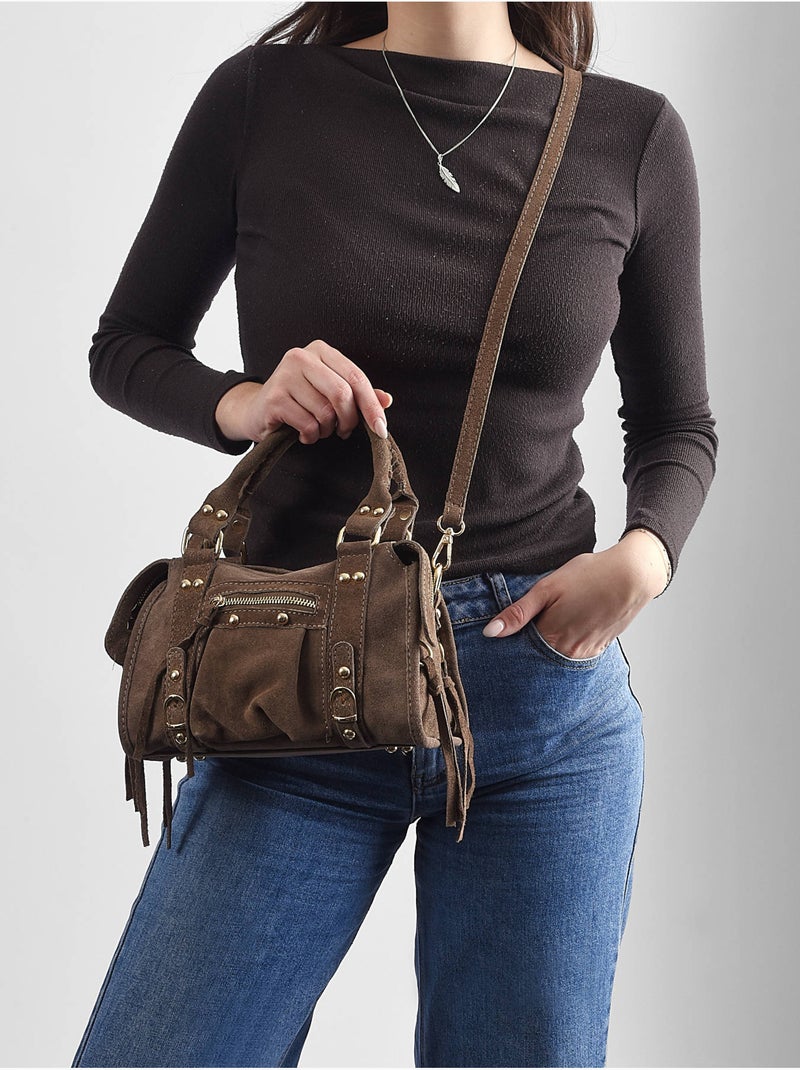 Sac bandoulière velvet cuir milano cuir de vachette Taupe - Kiabi