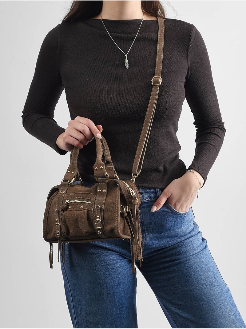 Sac bandoulière velvet cuir milano cuir de vachette Taupe - Kiabi