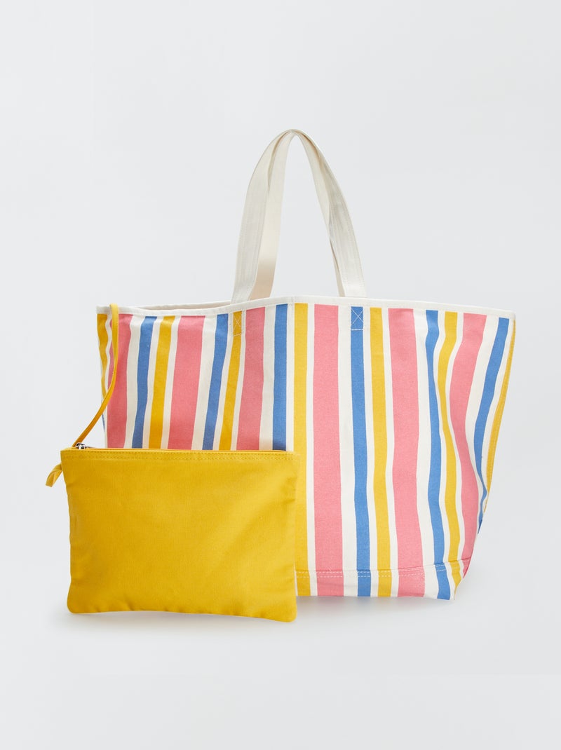 Sac cabas de plage + pochette Rose/jaune/bleu - Kiabi