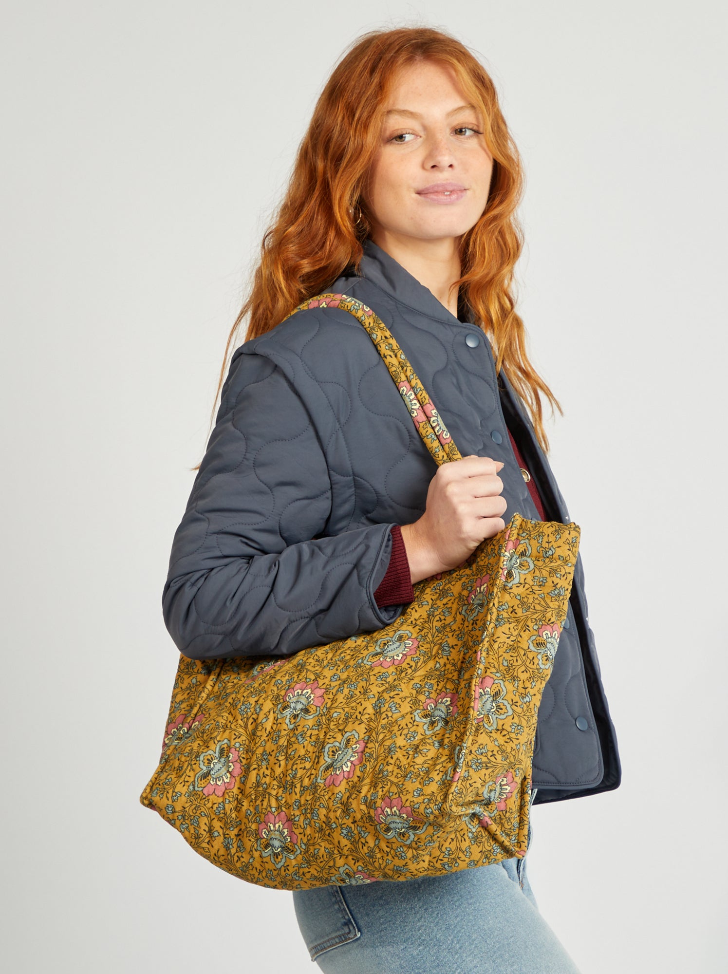 Sac Bandoulière Matelassé Imprimé Floral - Grand Format 40x26x8 Cm - Style Français Pour école, Courses, Quotidien