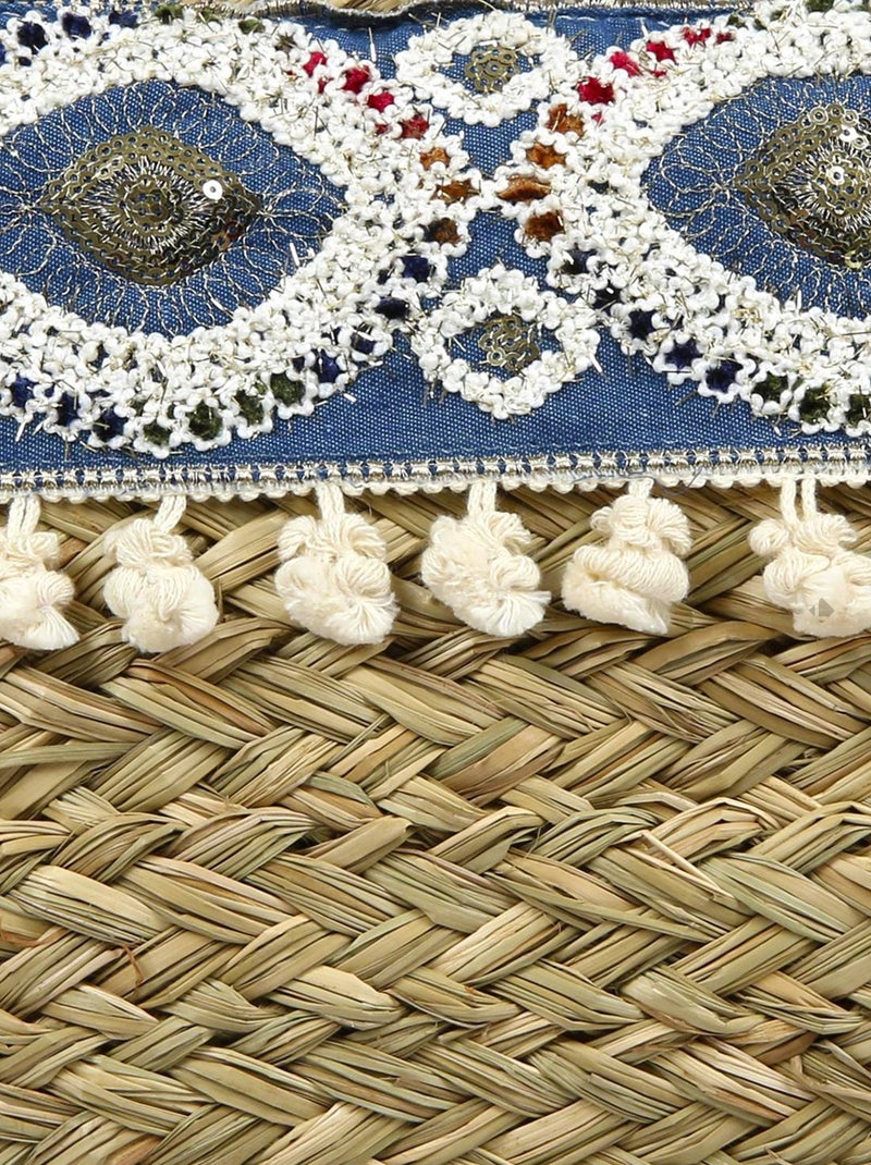 Sac de plage POP PLAYA en paille de blé tressée et macramé Blanc Bleu - Kiabi