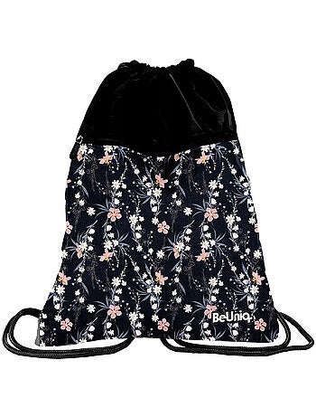 Sac de sport piscine CMP à fleurs 45 cm – cordon noir avec poche zippée